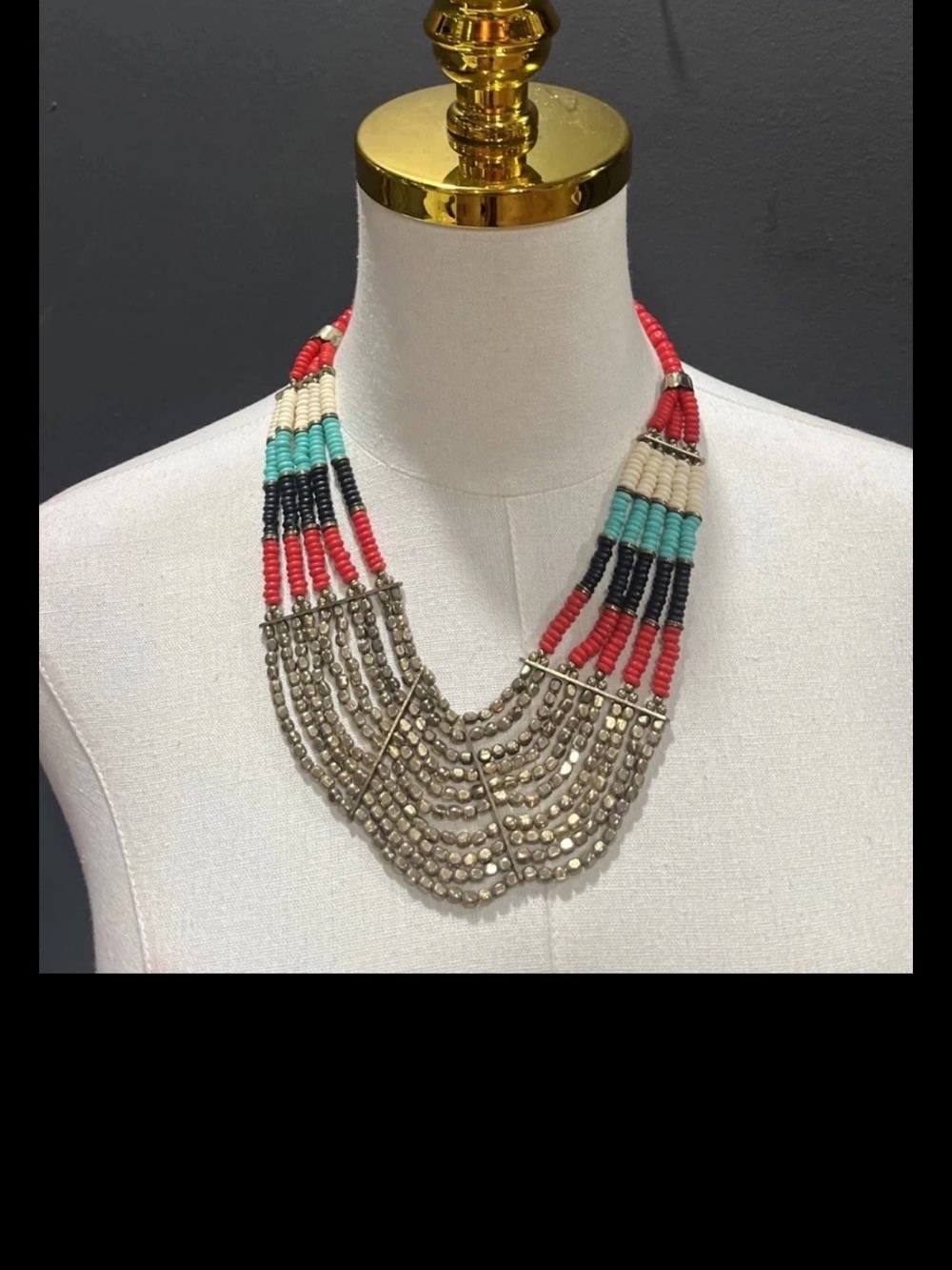 Vintage Bib Beaded Necklace Southwest White Blue Black Red Gold Tone Collar